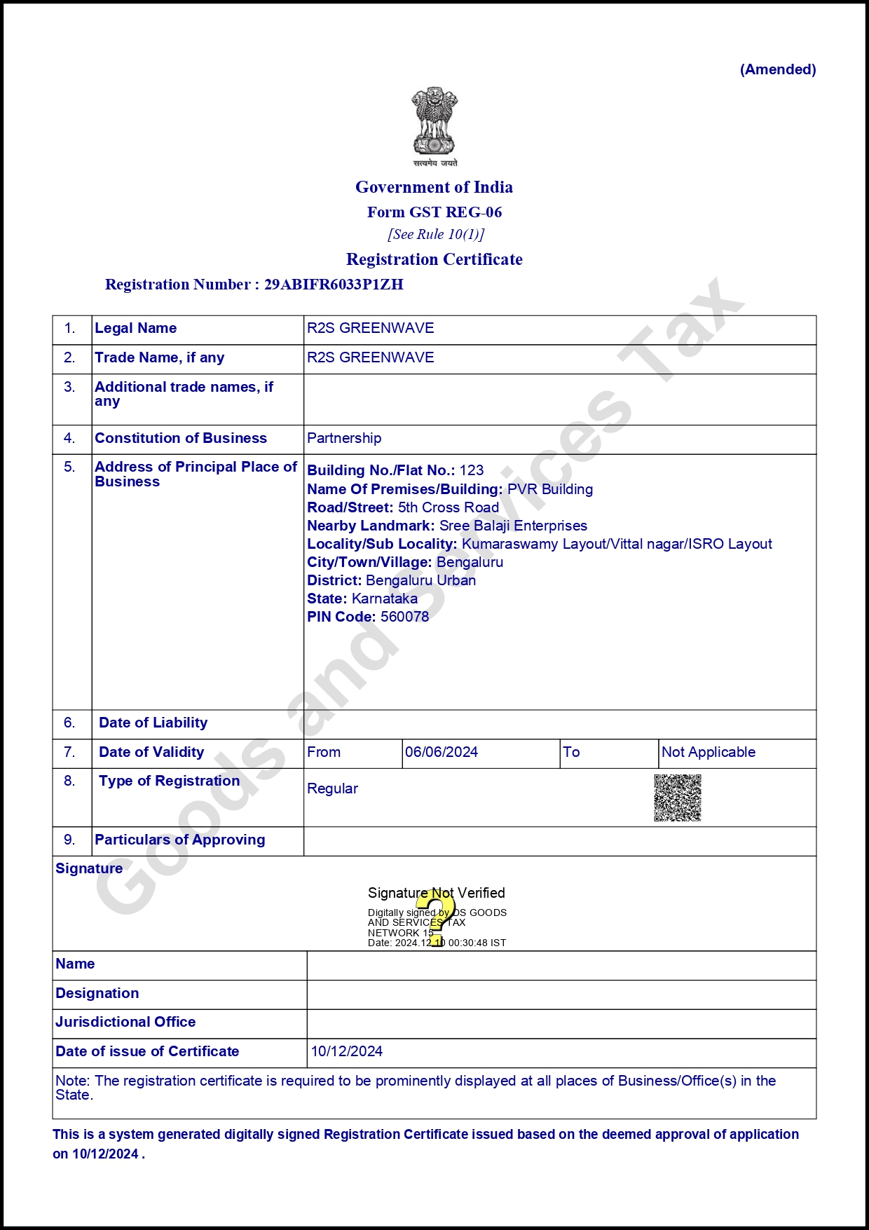 GST registration certificate R2S GREENWAVE - tax registration for export