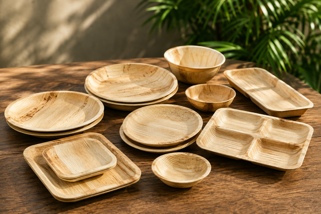 Natural areca leaf plates and palm leaf tableware prepared for export from India
