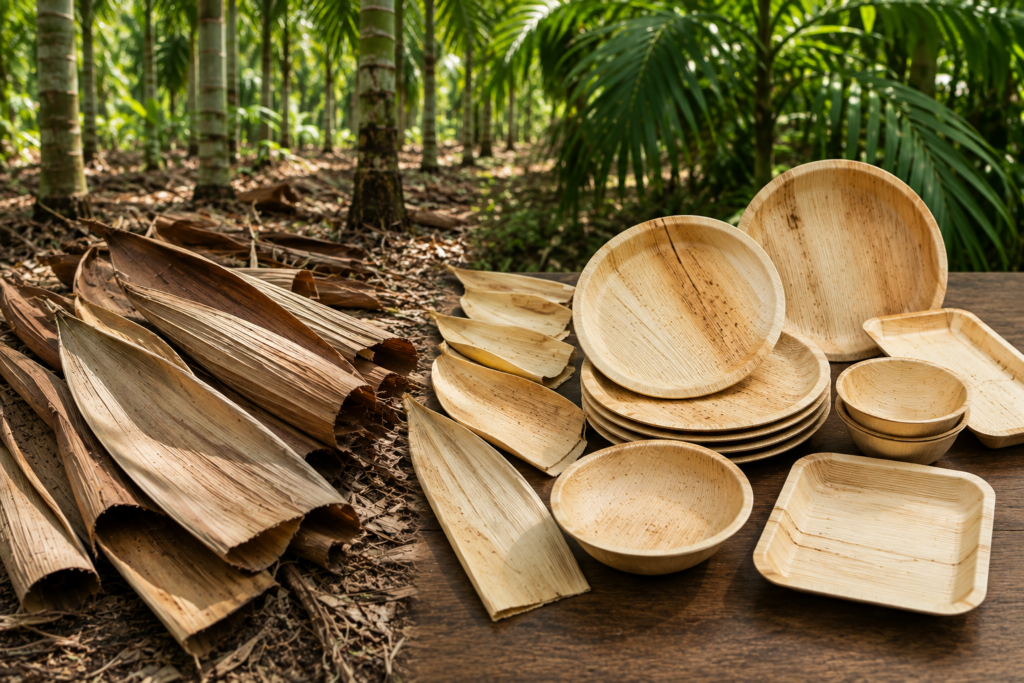 Naturally shed areca palm leaf sheaths and finished areca leaf tableware from India