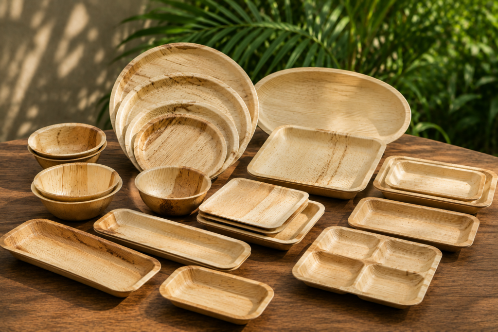 Areca palm leaf plates bowls trays and compartment tableware for wholesale buyers