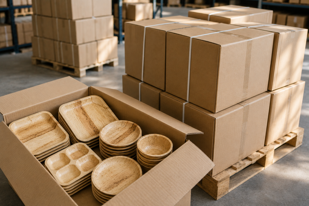 Export-ready packaging of natural areca leaf tableware prepared for international shipment from India