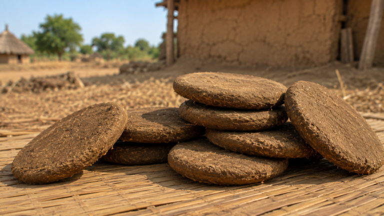 Traditional Indian cow dung cakes or gobar cakes in a rural setting