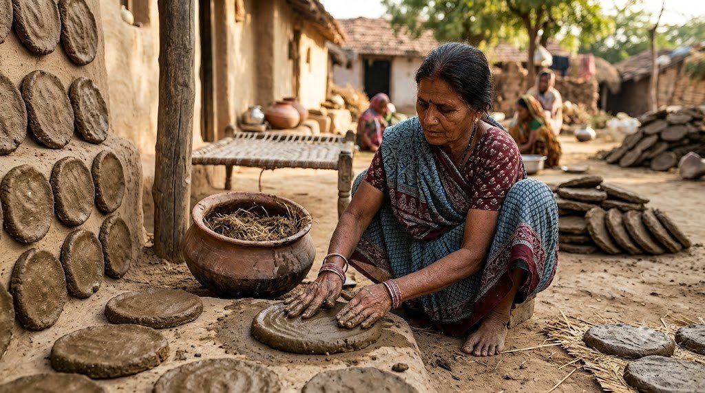 Traditional preparation of cow dung cakes by shaping cow dung for natural sun drying