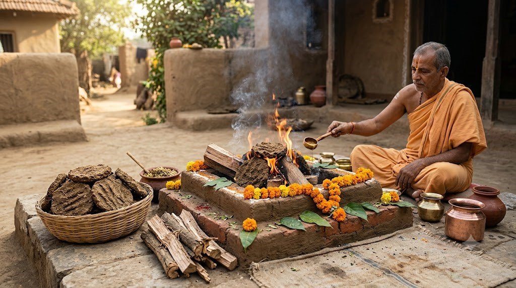 Dried cow dung cakes used for Havan in India