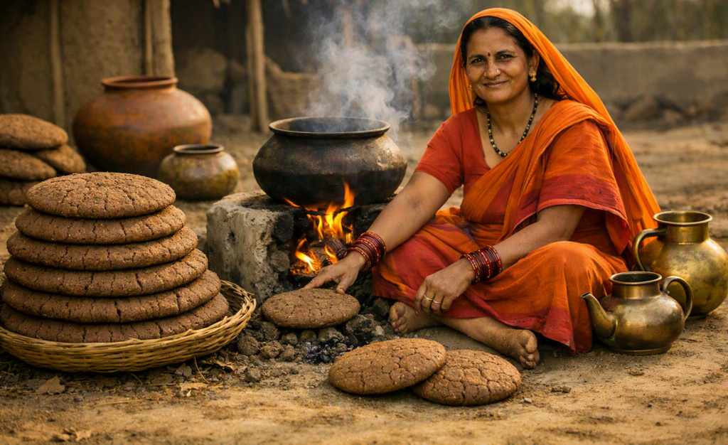 Dried gobar cakes being used as traditional biomass fuel in rural India