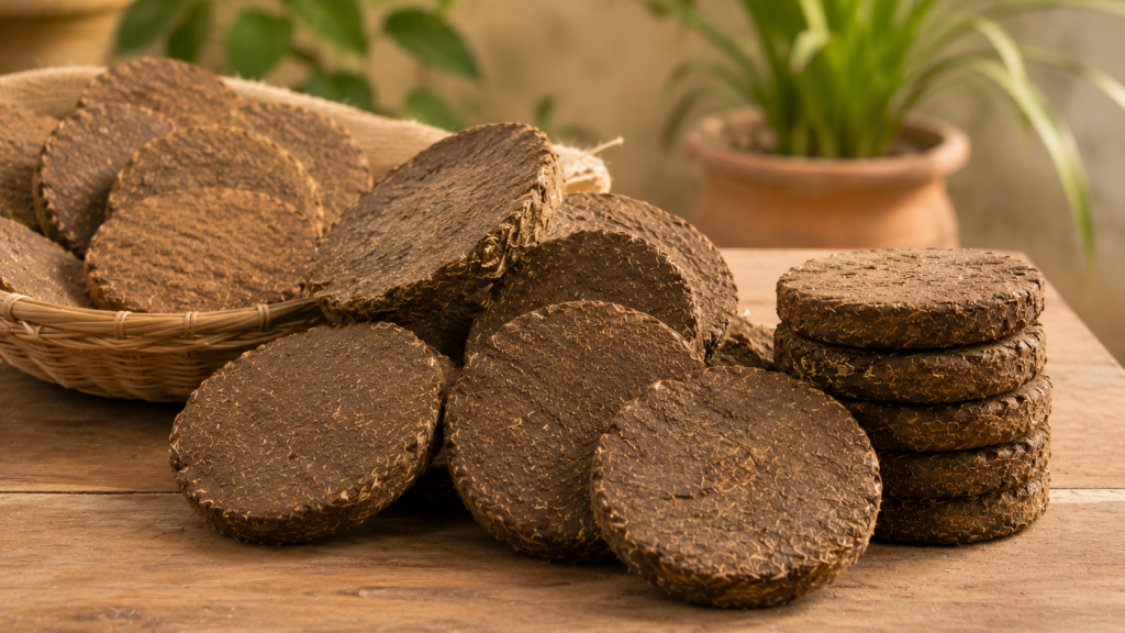 Natural cow dung cakes from India prepared for international B2B buyers