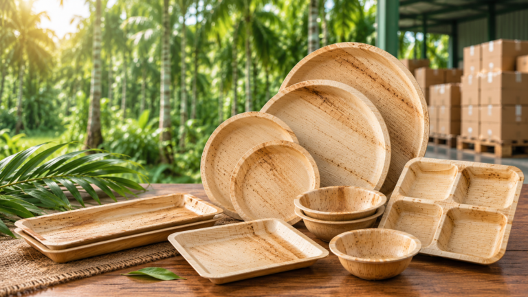 Natural areca leaf plates and tableware for international buyers sourcing from India