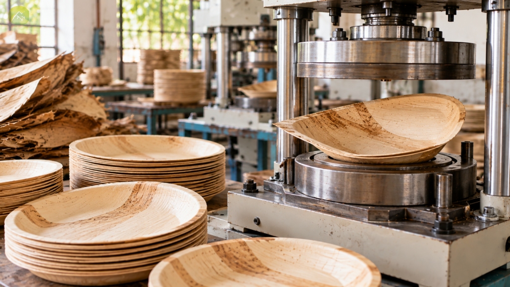 Heat pressing and moulding of natural areca palm leaf into plates