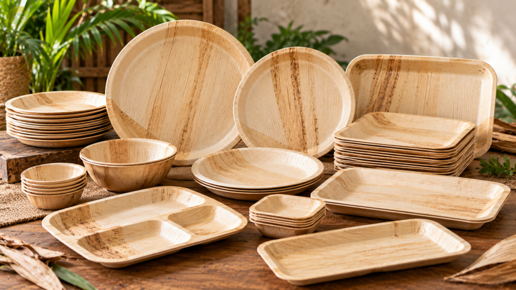 Finished areca palm leaf plates bowls and trays for B2B tableware markets