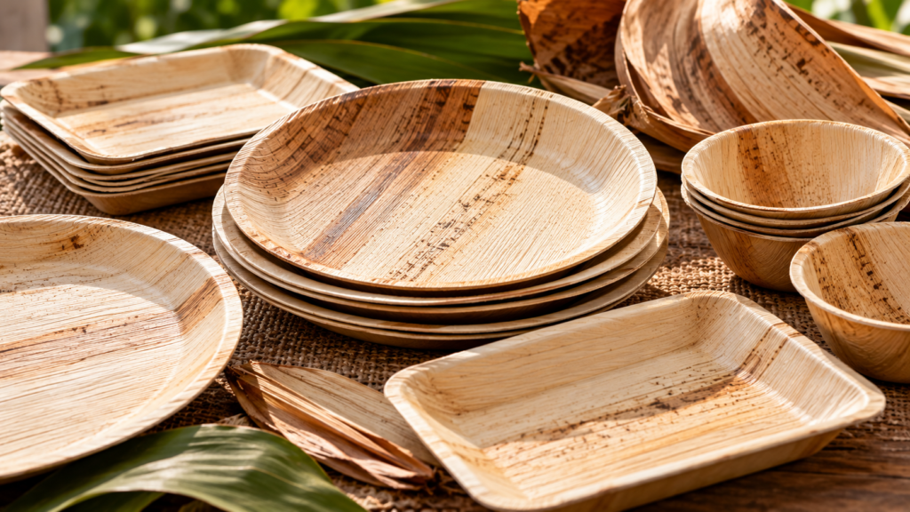 Natural areca leaf plates made from fallen palm leaf sheaths