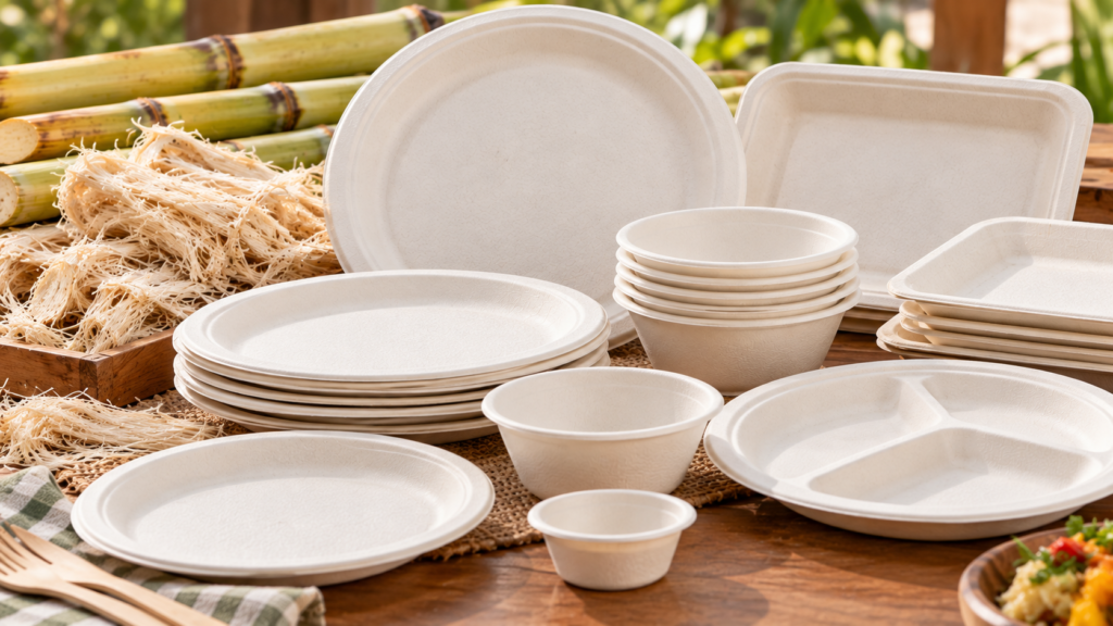 Bagasse plates made from sugarcane fibre for food service