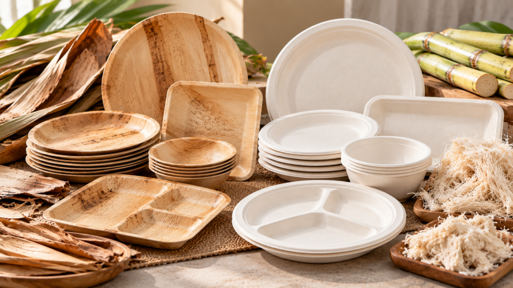 Areca leaf and bagasse tableware material comparison for buyers