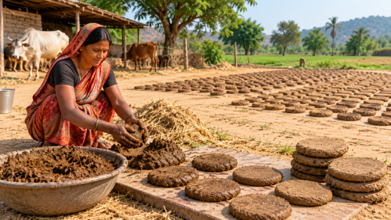 How cow dung cakes are made from collection to sun-drying in India