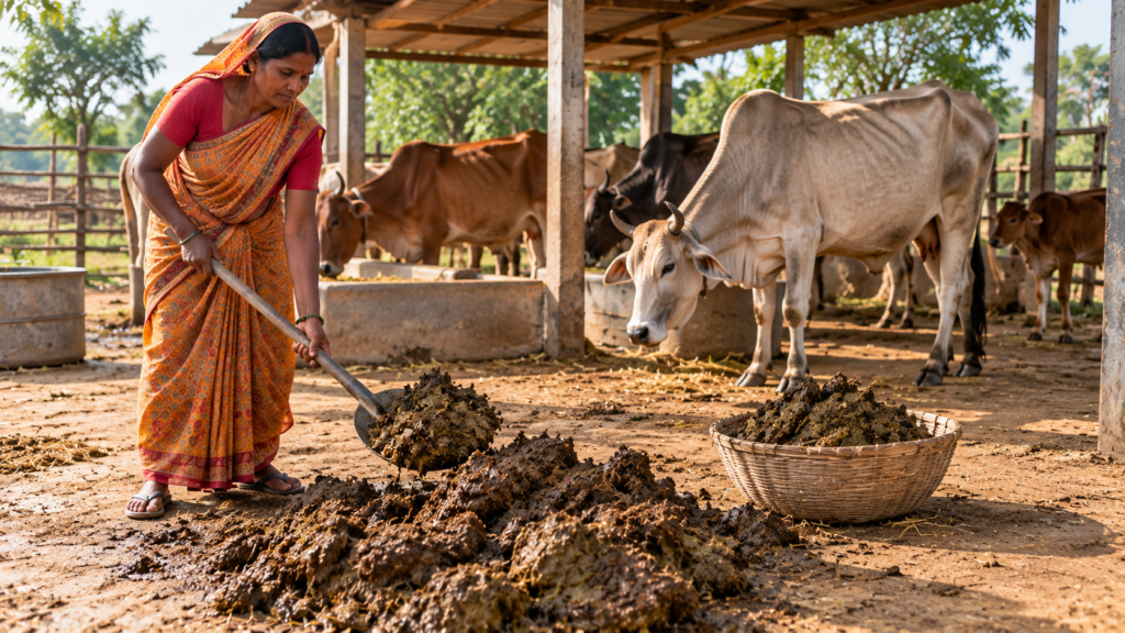 Traditional cow dung collection for making cow dung cakes in India