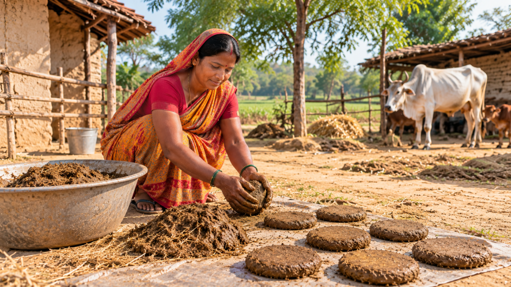 Traditional cow dung cake making and shaping process