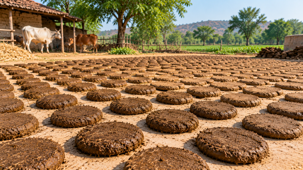 Sun-dried cow dung cakes in traditional Indian production