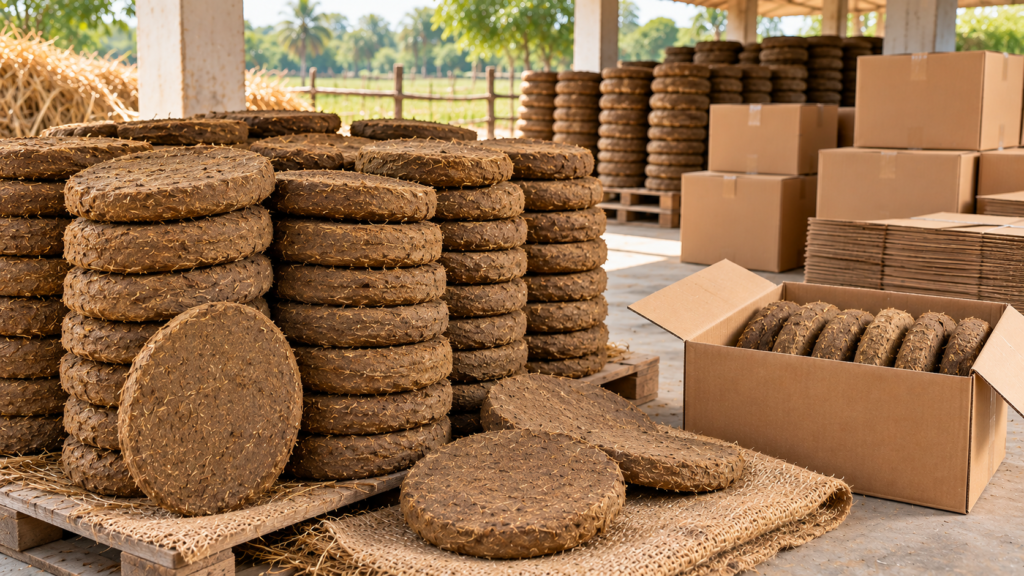 Dried cow dung cakes prepared for storage and export supply