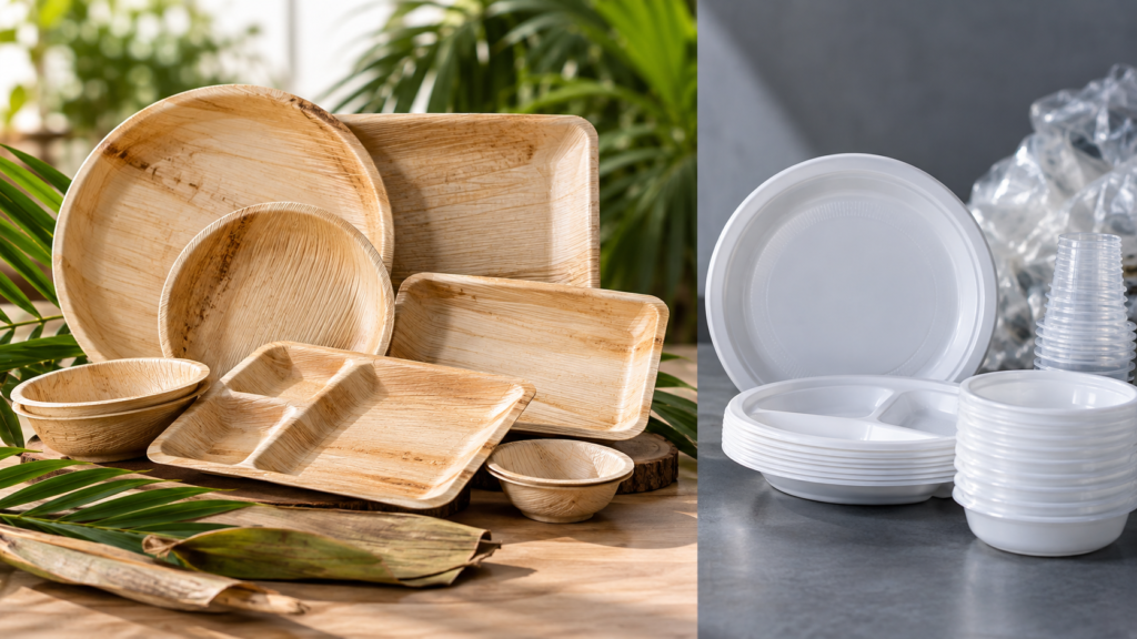 Areca leaf plates compared with plastic plates for sustainable tableware