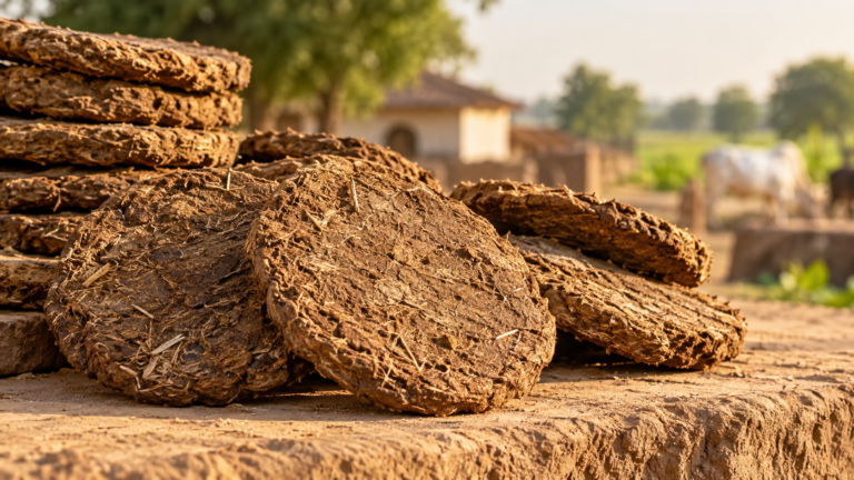 Sun-dried cow dung cakes and gobar cakes used in traditional Indian practices