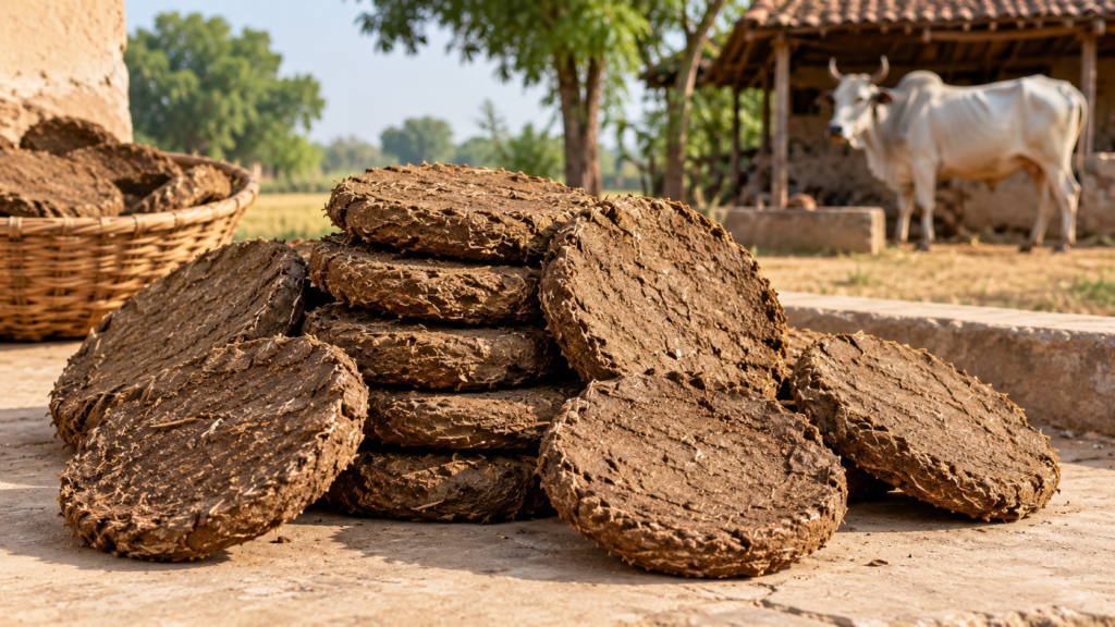 Traditional sun-dried cow dung cakes prepared in India
