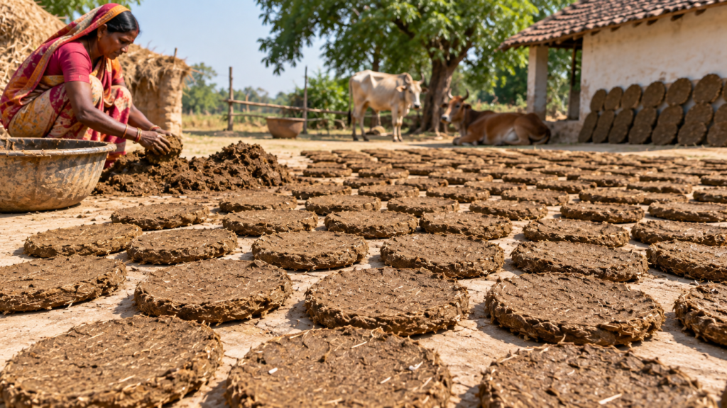 Traditional preparation and sun-drying of cow dung cakes in India