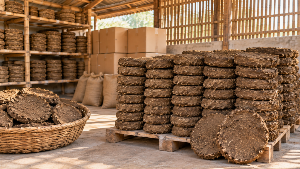 Proper storage of dried cow dung cakes in a clean dry environment