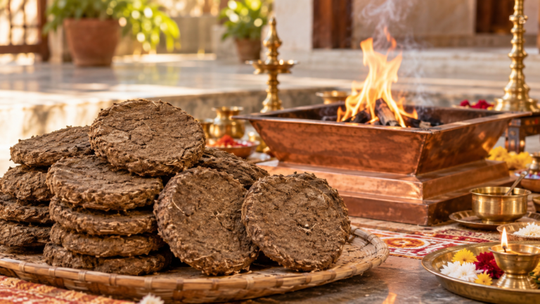 Cow dung cakes for Havan and Puja in traditional Indian ritual setting