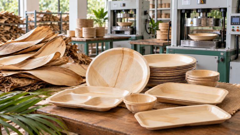 Areca leaf plates made from naturally fallen areca palm leaf sheaths